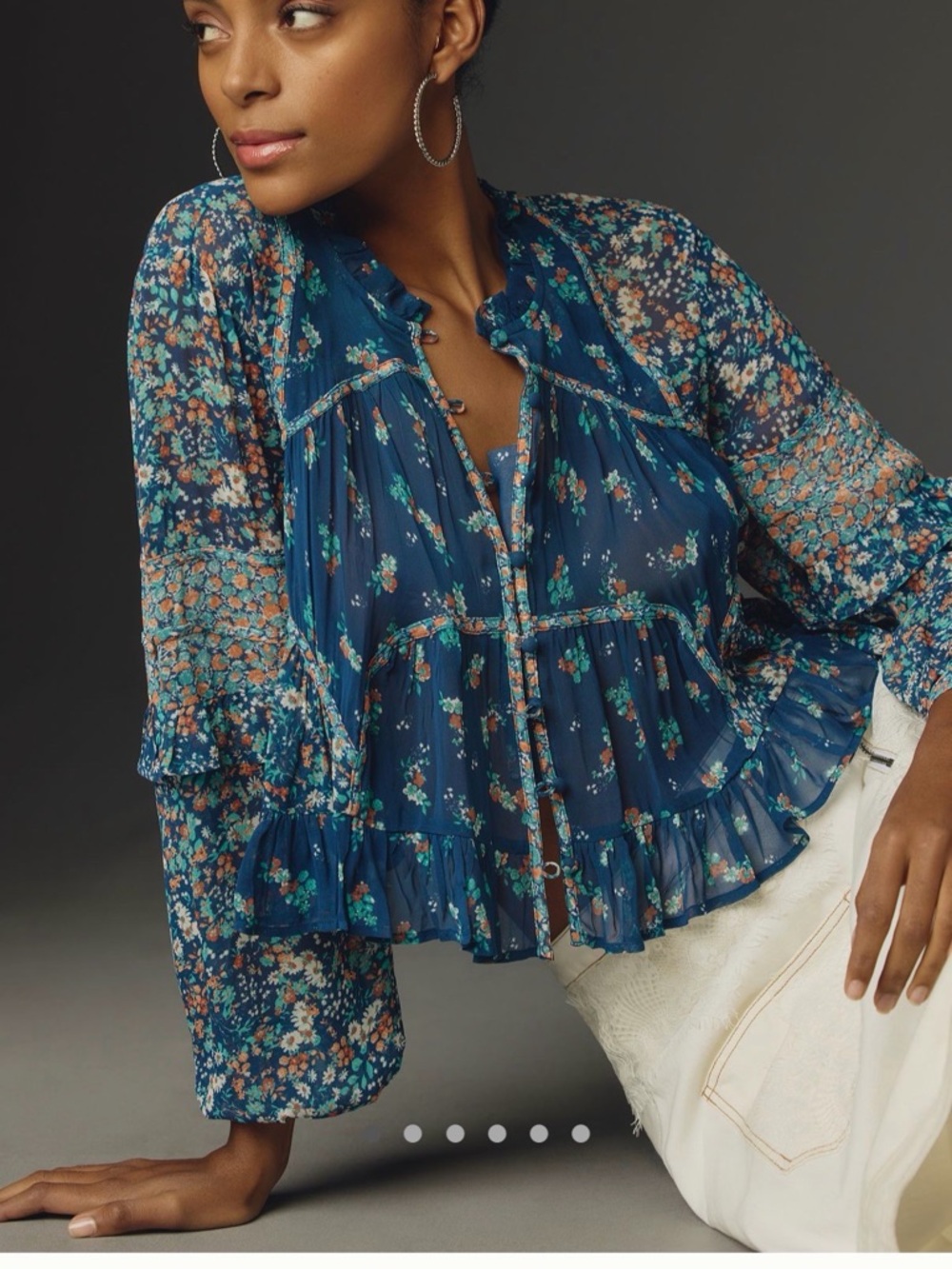 Anthropologie Navy Blue Floral Ruffle Peasant Blouse